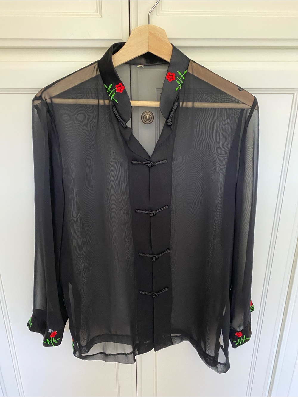 Black Sheer Mandarin-Collar Blouse with Red Rose Embroidery